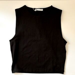 Black crop top, round neck and sleeveless design